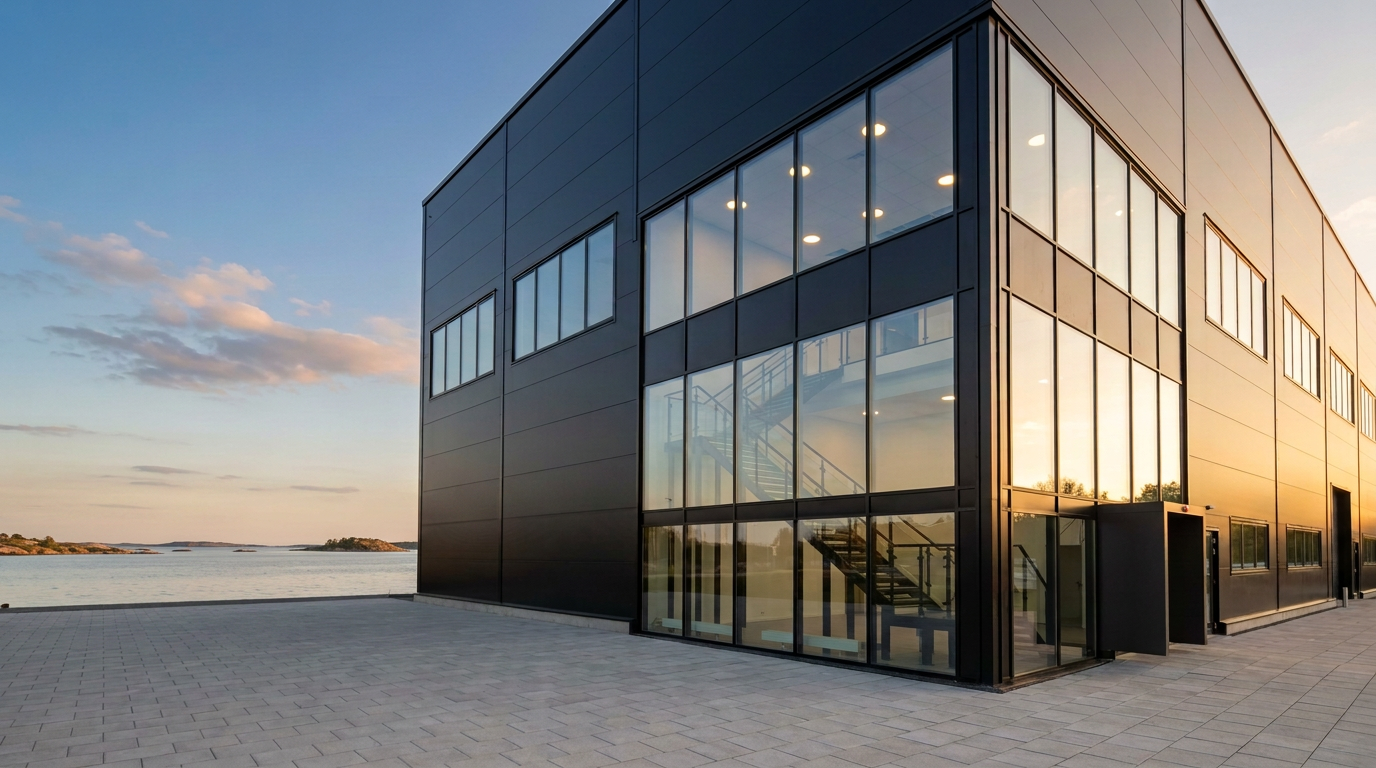 Svart byggnad med två våningar höga glaspartier i svart aluminium, sedd snett framifrån med hav och skär i bakgrunden